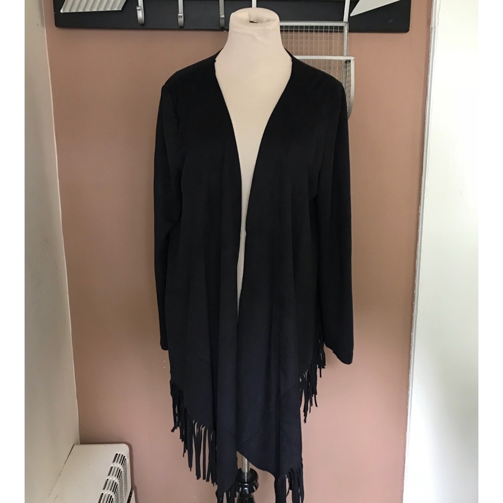 Black Suede Like Fringe Open Cardigan